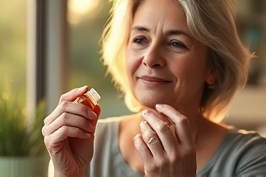 Woman experiencing menopause embracing well-being with supplements